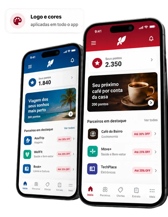 Dois celulares lado a lado com o app do clube, cada um na logo e nas cores de uma marca diferente