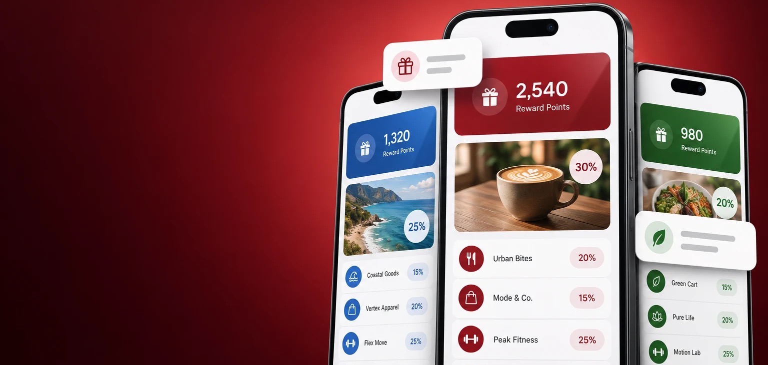 Telas do app mostrando saldo de pontos e ofertas